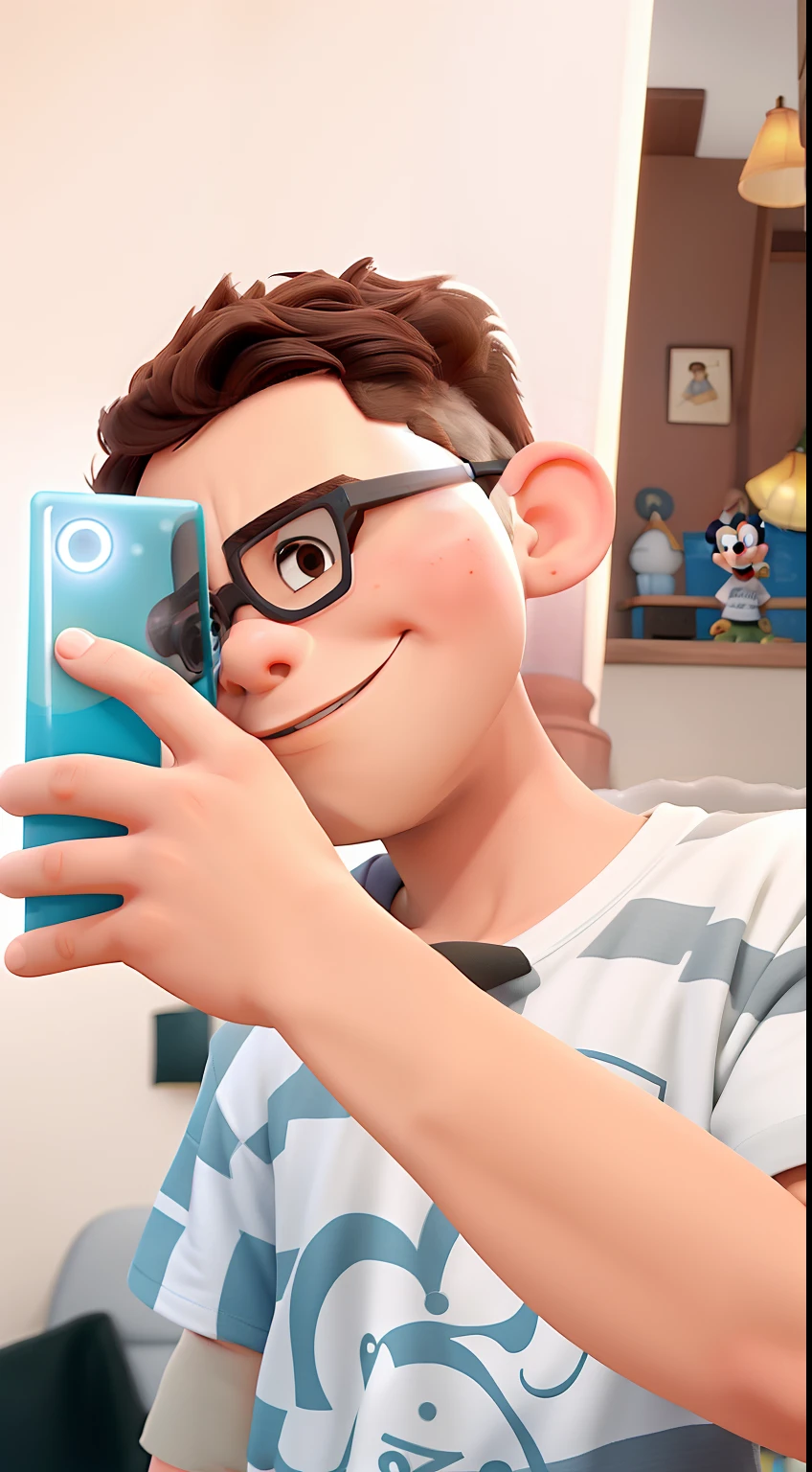 A boy with short dark brown hair, lindo, gostoso, olhar safado, vestindo uma camiseta cinza claro do mickey, Wearing a square glasses, illuminated by the light of a lamp