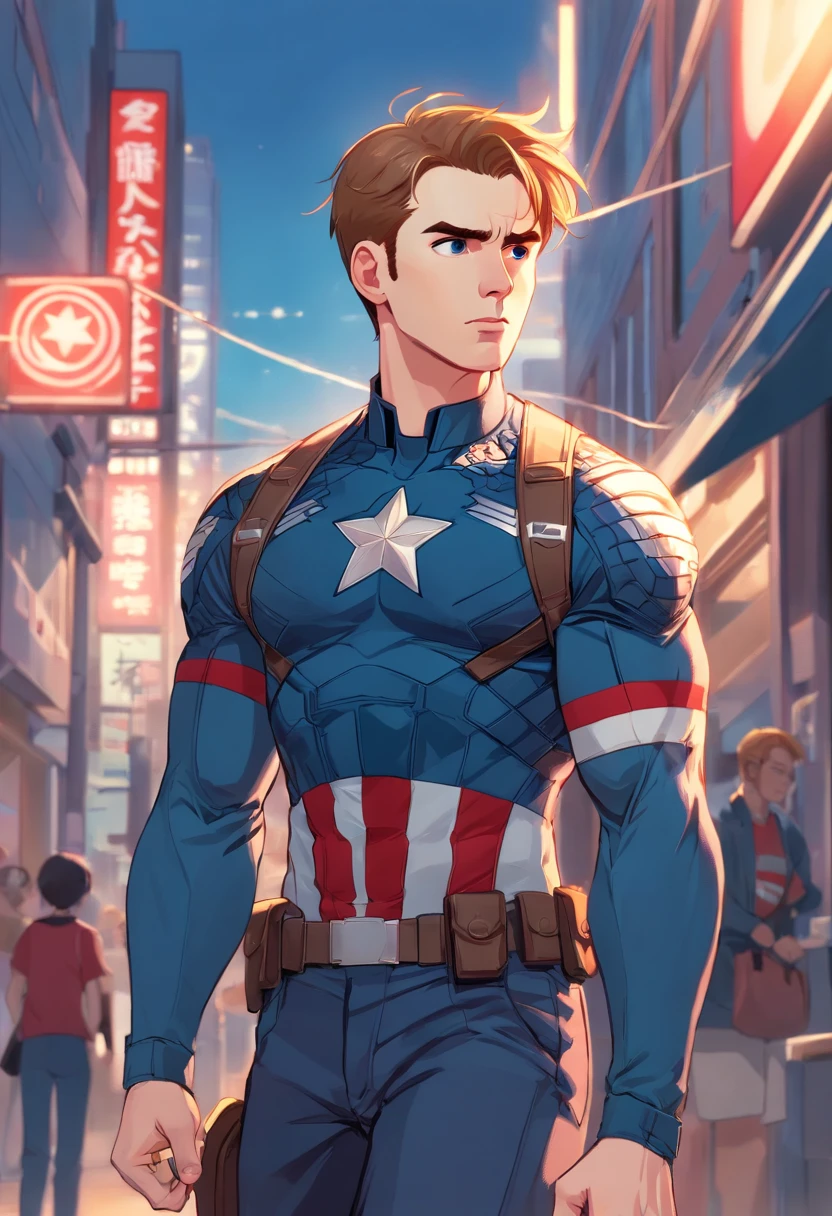 "A detailed illustration of Chris Evans as Captain America wearing a t-shirt, Olhando para o horizonte."