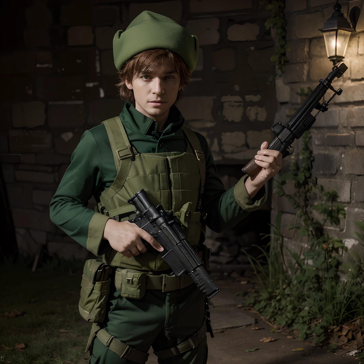 8k, Best quality, Masterpiece, hallowen soldat, arme , fusil FAMAS, Irish Leprechaun Costume, Green Costume with Pixie Hat, arc en ciel