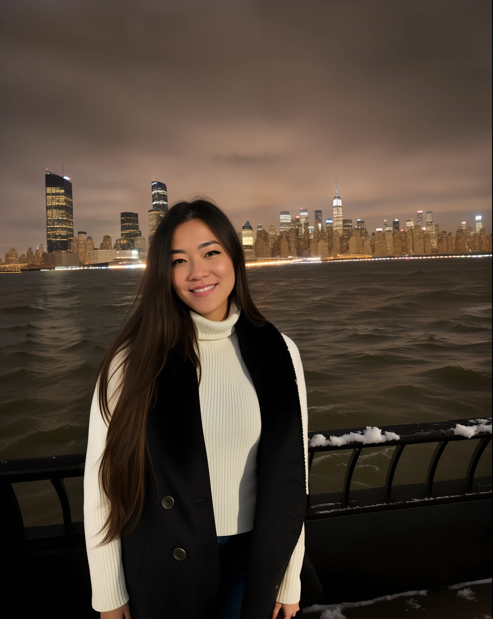 woman standing on a pier with a city skyline in the background, city in the background, in front of a sci fi cityscape, city lights in the background, with a city in the background, in the middle of new york, city in background, city skyline in the background, at nighttime, (snowy new york in background), professional picture, taken in 2 0 2 0