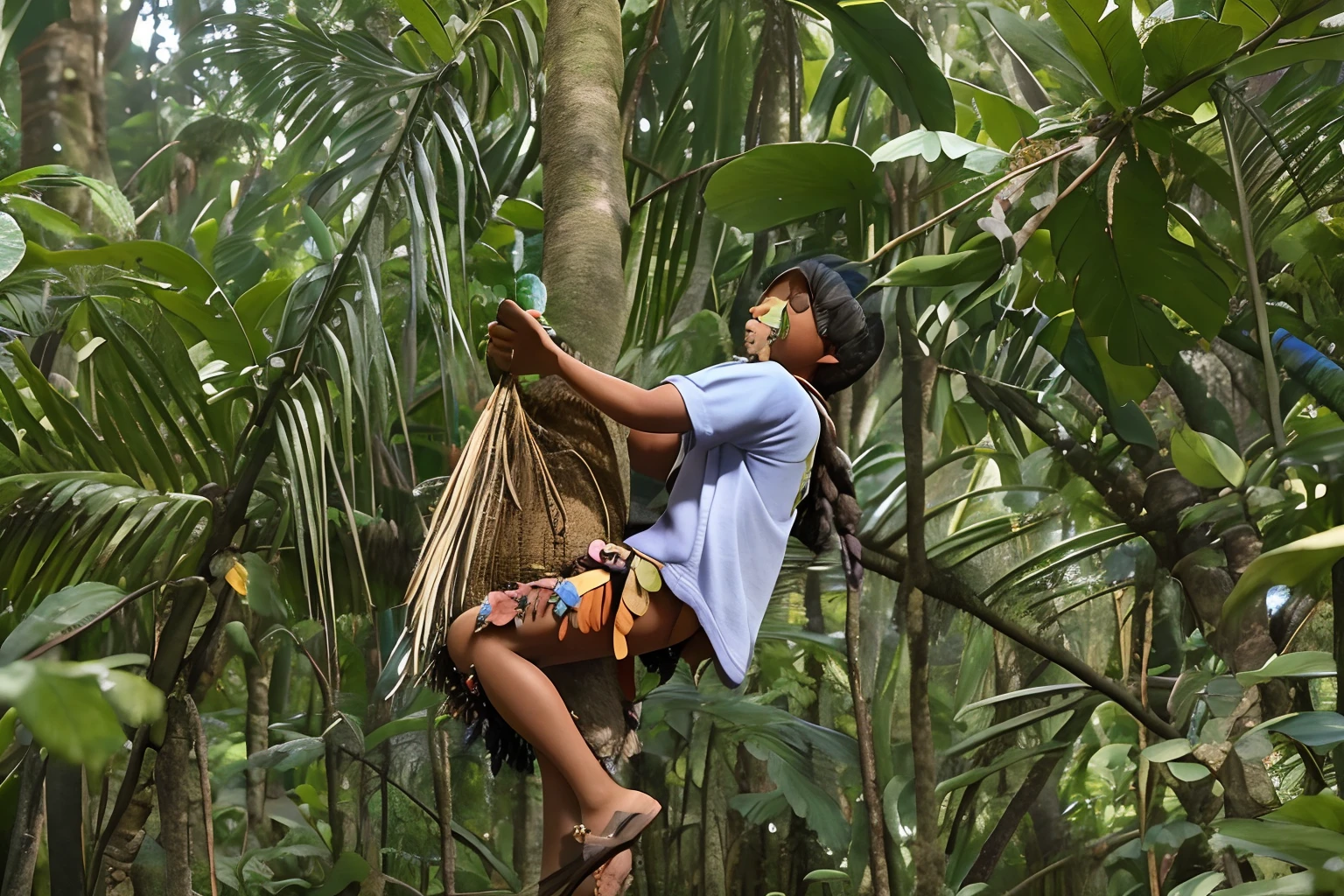 indigenous boy,  anos, Moreno, wearing a tree leaf skirt with burning hair on her head. Feet facing backwards. Holding a spear with hanging macaw feathers. Running hidden among bushes in the Amazon rainforest. durante a noite. imagem realista