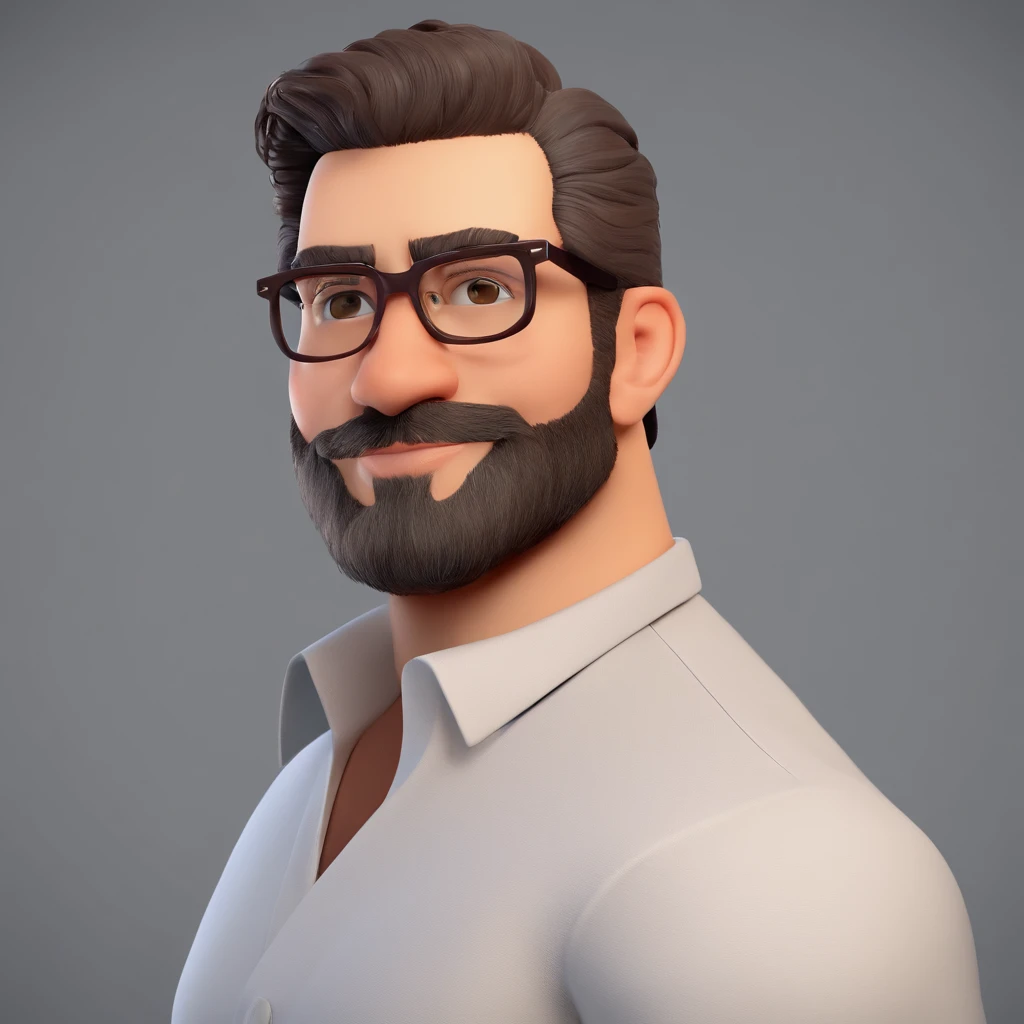 Criar um personagem no estilo Pixar. Trata-se de um homem de 30 anos, com barba, Branco, com cabelos castanhos curtos e um quiff, e olhos castanhos. Ele deve estar na frente de um computador, Trabalhar como designer