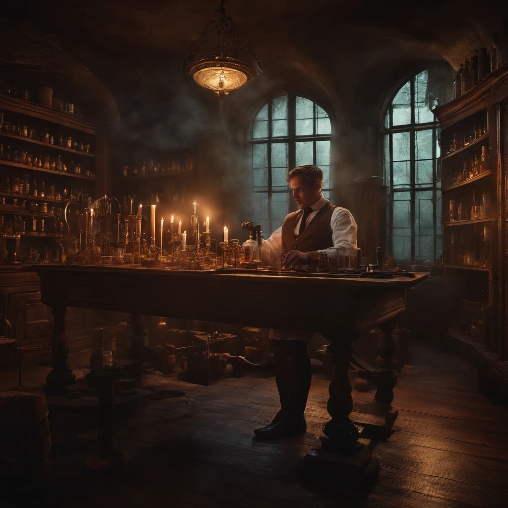 There is a man sitting at the table of a pharmacy, nikolai tesla in his lab, in a darkly lit laboratory room, apothecary, image apothecary, he is in a alchemist lab, in a steampunk laboratory, Directed by: Artur Tarnowski, snake oil seller, Alquimistas vitorianos, Erwin Olavo, Directed by: Aleksander Gierymski, foto realista detalhada