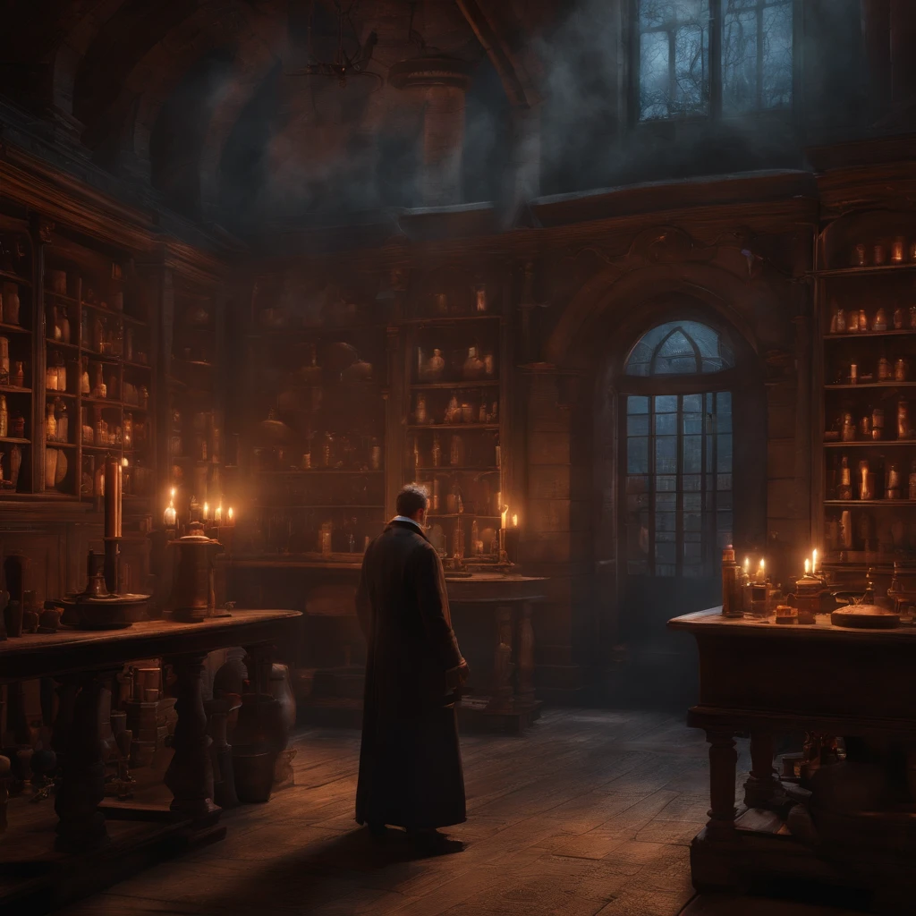 （Jack the ripper in the biological laboratorium）, back view, human anatomy environment, Wonderful exams, Wizard test, Brewing potions, intense concentration, magical artifacts, human anatomy,  enchanting spell, Engaging course。