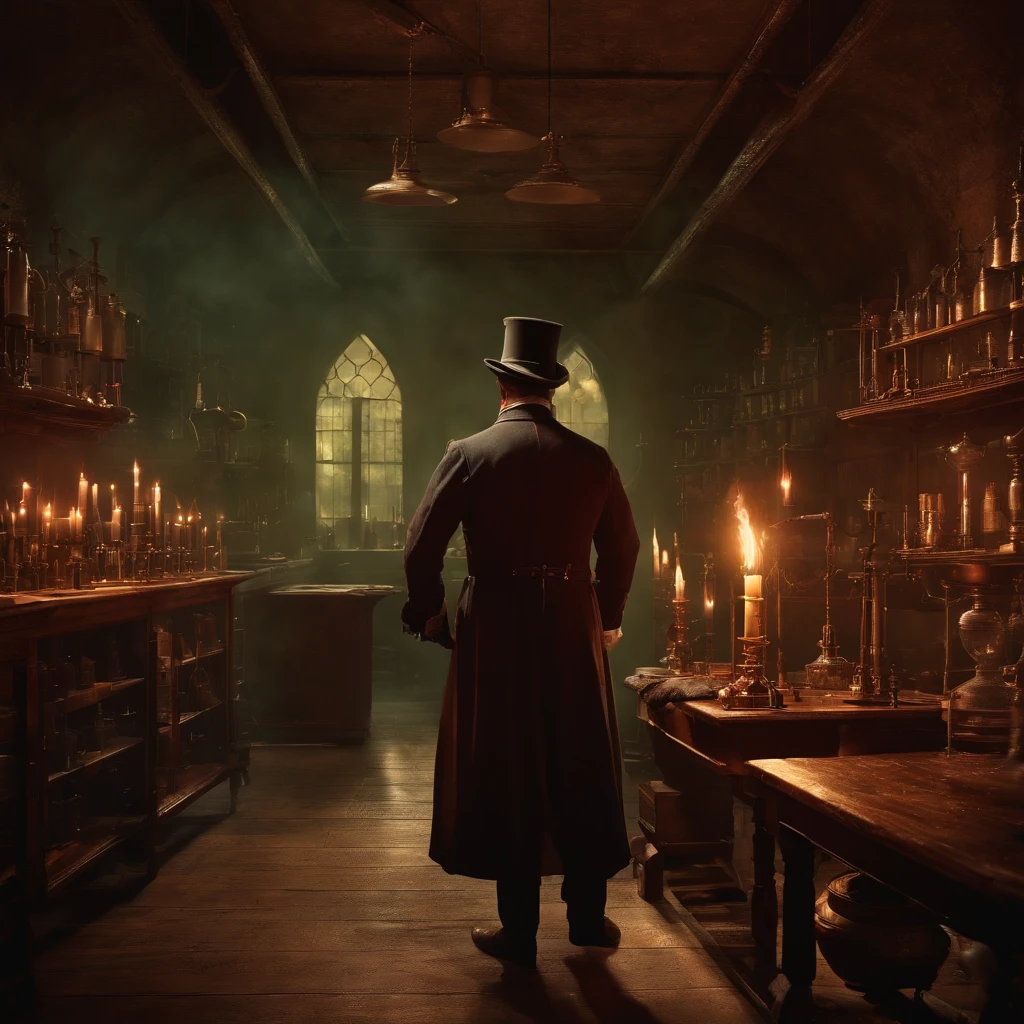 (Jack the ripper in the biological laboratorium), back view, human anatomy environment, Wonderful exams, Wizard test, Brewing potions, intense concentration, magical artifacts, human anatomy, enchanting spell, Engaging course。
