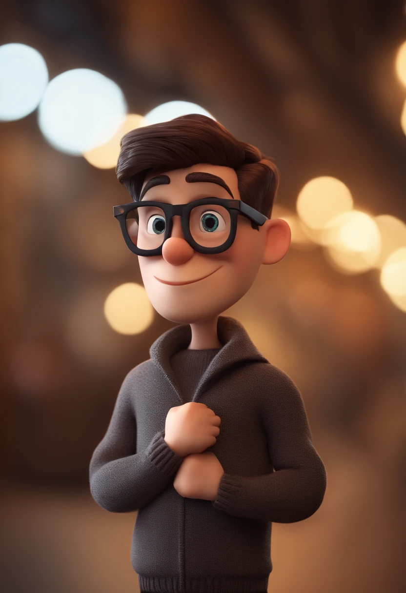 Cartoon character of a man wearing black glasses and a sweater from Prosegur an animated character, Caractere em 3D, barba comprida mas aparaPersonagem 3D, 3d rendering stylized, 3 d character render, personagem de desenho animado, Personagem de close up, Pose de personagem, (Estilo Pixar) (master part:1.2) (Bokeh) (best quality) (pele detalhada) (textura detalhada) (8k) (argila) (Cinematic lighting) (foco nítido,Senta e vaza a parte superior do corpo