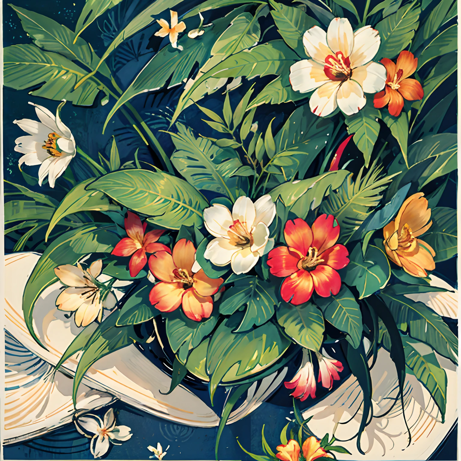 Printing，Flat print pattern，Minimalist large color blocks，flatillustration，Minimalist and flat design，Close-up of black background with bouquet of flowers, tropical flowers, elegant tropical prints, blooming tropical flowers, Dark flower pattern wallpaper, Graphic print, Beautiful tropical flowers – tile