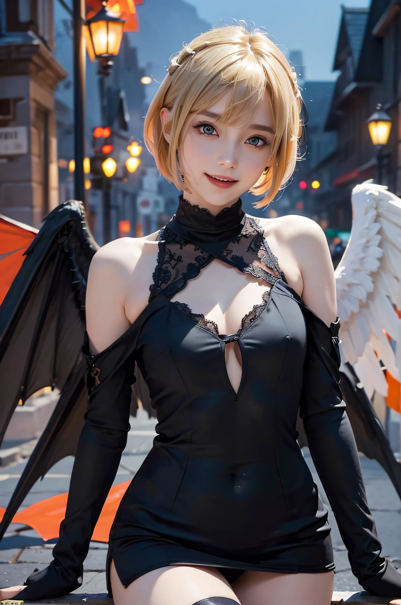 (((((2 girl))))),(masterpiece, best quality),absurdres, highres, ultra detailed, (dynamic angle:1.2), dutch angle,dynamic pose, BREAK, HDR,((2023s most popular top quality manga illustration)) ,cerebrate color , BREAK, (masterpiece:1. 4, best quality), (intricate details), unity 8k wallpaper, ultra detailed, beautiful and aesthetic, perfect lighting,(smile), detailed background, realistic, perfect detailed face, detailed eyes, 4highly detailed, blush, bolster, BREAK, Yellow hair, short hair, bob cut, hair between the eyes, ahoge, half-up arrangement, hair, dark blue eyes, (well-shaped, round breasts, small breasts), Devil, off-shoulder, monochrome costume, dark color, lace detail, full body,((devil's wings ,large wings, wings attached in the correct position, devil's tail, devil's head wings)), BREAK, ((funny, talking each other ,smile,big laugh)) ,((bright atmosphere)), BREAK, yellow hair, short hair, bob cut, hair between the eyes, ahoge, half-up arrangement, hair, dark blue eyes,( good shape and round breasts, small breasts), wings, feathered wings, angel wings,fallen angel,((white and black wings)),black halo, hair ornament,small latex,small latex black dress,thighhighs, navel,low wings,ooking at viewer, multiple wings, closed mouth,whole body,long sleeves, detached sleeves,clothing cutout,black legwear,Angel halo,collar,bare shoulders, cleavage, BREAK, (super detailed:1.2), 4k, absurdres absolutely resolution,(((outdoor, halloween, red sky, scenery, street, festival, flags, banners, night festival ornament, brick architecture, european traditional townscape, food stand, jack o'lantern ornament))), (Halloween stole, jack-o'-lantern: 1.15), BREAK, nudity,(((night))),