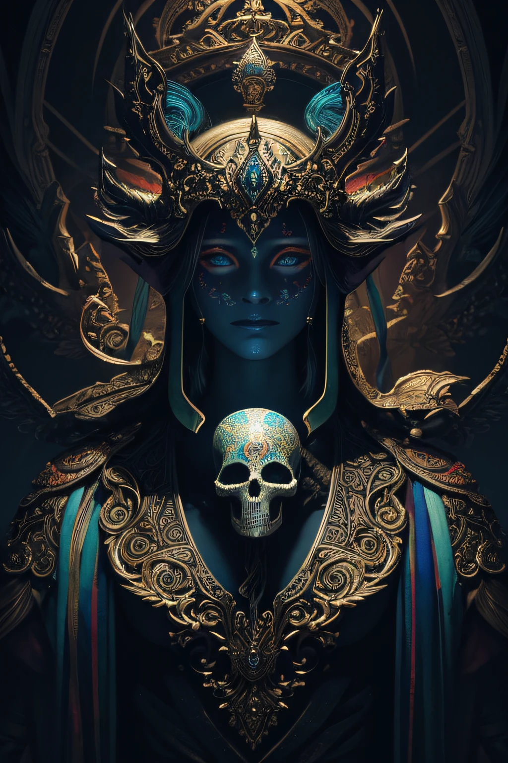 Prompt:Breathtaking award-winning、Generate images of works of art featuring the god of death in the highest resolution, Highlight intricate details, Vibrant colors, And a sense of dedication, Using traditional pigments and lighting techniques、Achieve authentic depictions, pure、Apply enhancements for great visual impact, HD quality