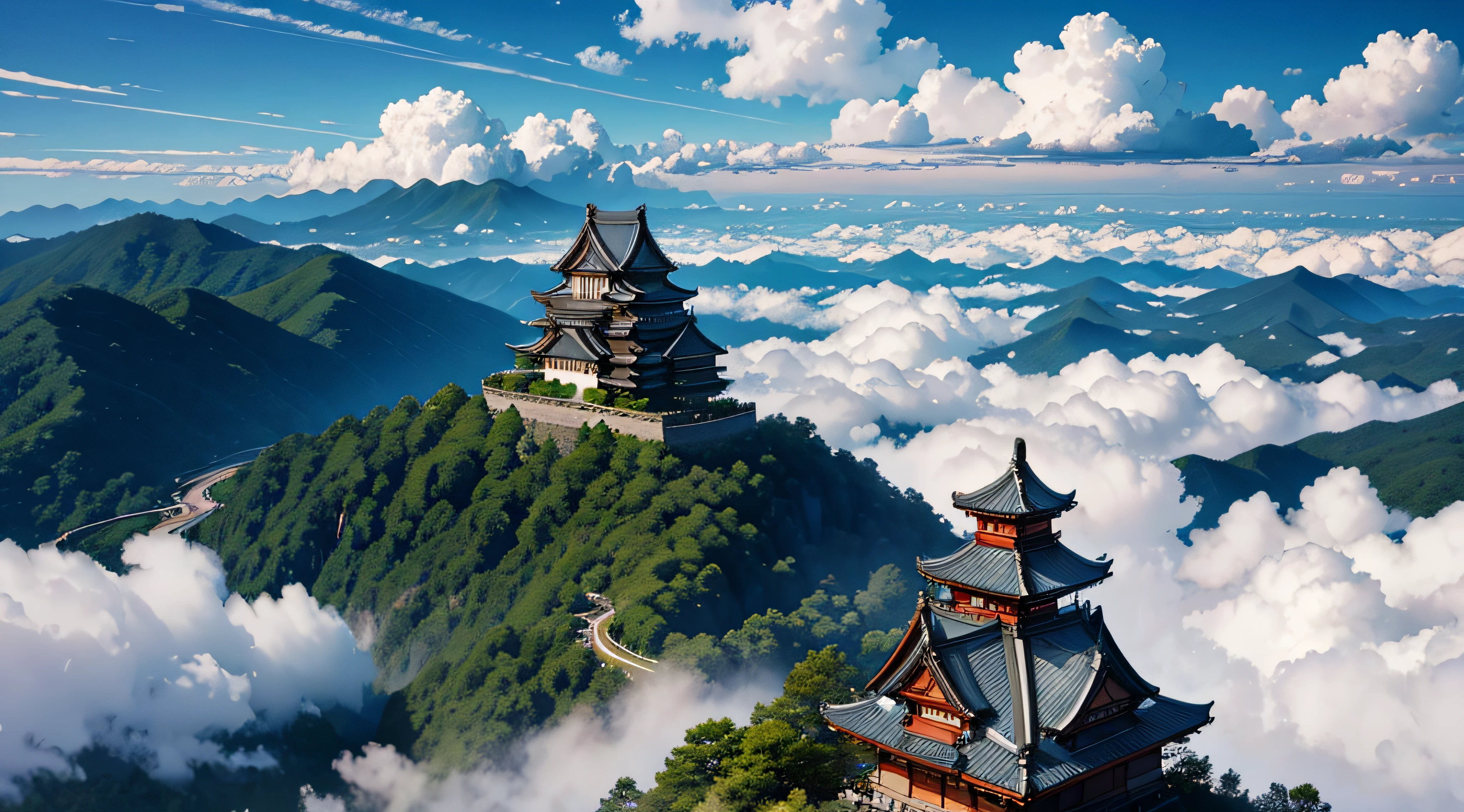 Best Quality、(jpn、borgar、Gifu Castle、Summit of Mt)、(cloudiness、foggy)