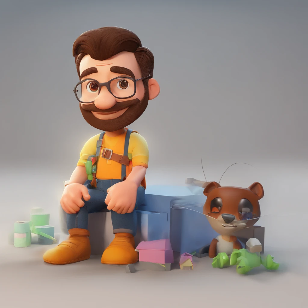 Criar um personagem no estilo Pixar. Trata-se de um homem de 30 anos, com barba, Branco, com cabelos castanhos curtos e um quiff, e olhos castanhos. Ele deve estar na frente de um computador, Trabalhar como designer