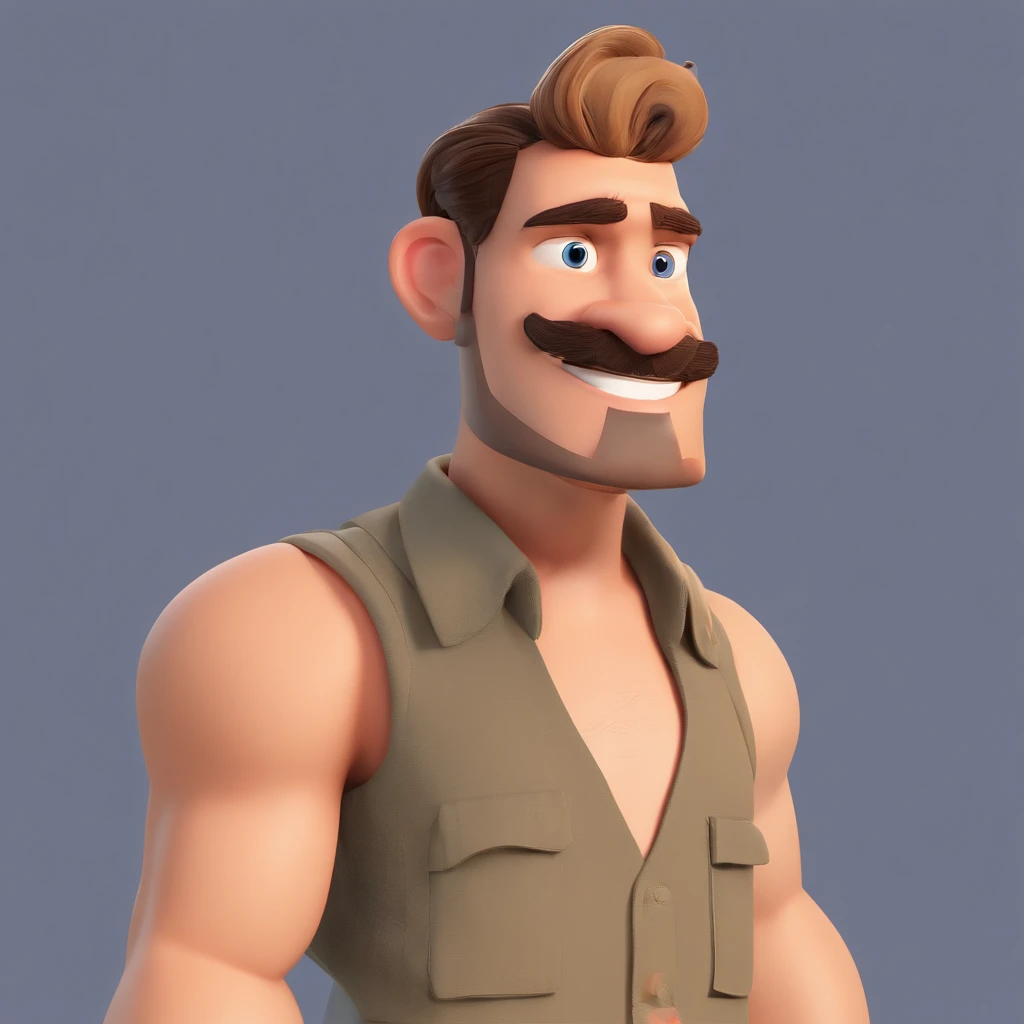 Criar um personagem no estilo Pixar. Trata-se de um homem de 30 anos, com barba, Branco, com cabelos castanhos curtos e um quiff, e olhos castanhos. Ele deve estar na frente de um computador, Trabalhar como designer