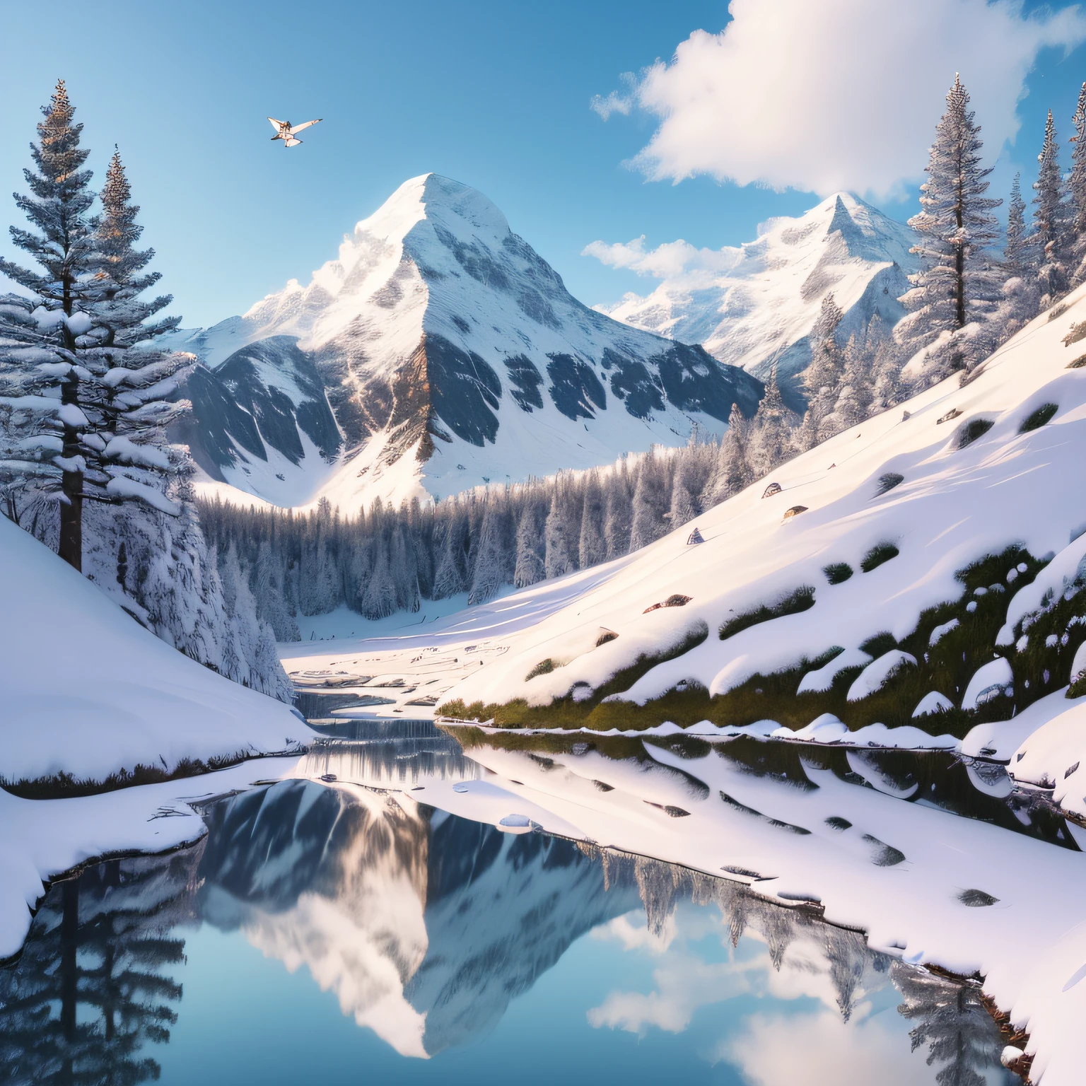 Snow-capped mountain peaks are everywhere, And it's been famous for a long time. As flores refletem as nuvens e mudam de cor, And the birds fly up and down the edge of the pine tree. Lilacs are in full bloom, Full of pearls and jades