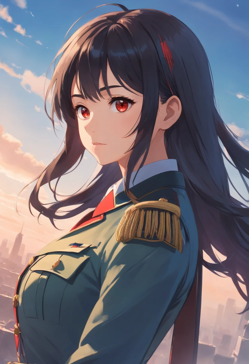 (Masterpiece:1.2, Best Quality), 1lady, yoru, Solo, Photorealistic, Sci-Fi Movies, Science-Fiction, Science-Fiction, karo, upper half body, Small breasts, focus on face, realisitic, Pastel painting, powerful, intelligent, sensual, Detailed Eyes (Intimidating look, Brown eyes) well detailed, Long black hair, Best CG, (German Red World War II General Uniform Wearing), Military, Area Force,  Military Greatness,