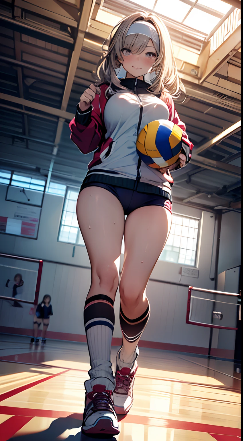 UHD, anatomically correct, 8k, (((masterpiece))), (((best quality))), (((ultra detailed))), (((high-resolution))), ((super fine illustration)), ((Ultimate cutie)), detailed beautiful face, solo, one girl, , potbelly, curvy, large breasts, shiny hair, one eye closed, smile, (blush), BREAK, (((buruma))), ((track jacket)), headband, ((wrist bands)), ((kneepads)), (((loose socks))), ((leg warmers)), ((high top sneakers)), BREAK, ((Embrace the Beautiful spherical shape 6-inch volleyball with both hands)), ((hold the Beautiful spherical shape 6-inch volleyball in both hands)), ((sweat)), (perspired), (heavy breathing), sense of depth, in gymnasium, lighting, full body, from below, looking at viewers
