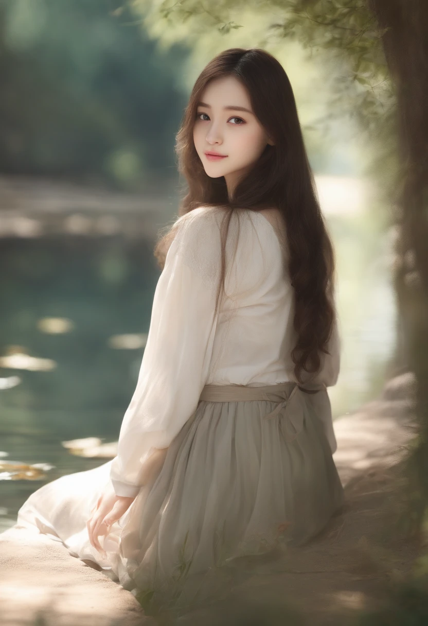 teenager girl, 140cm height,  40kg weight, dark  hair, long hair, eye reflection, pale white skin, slight smile