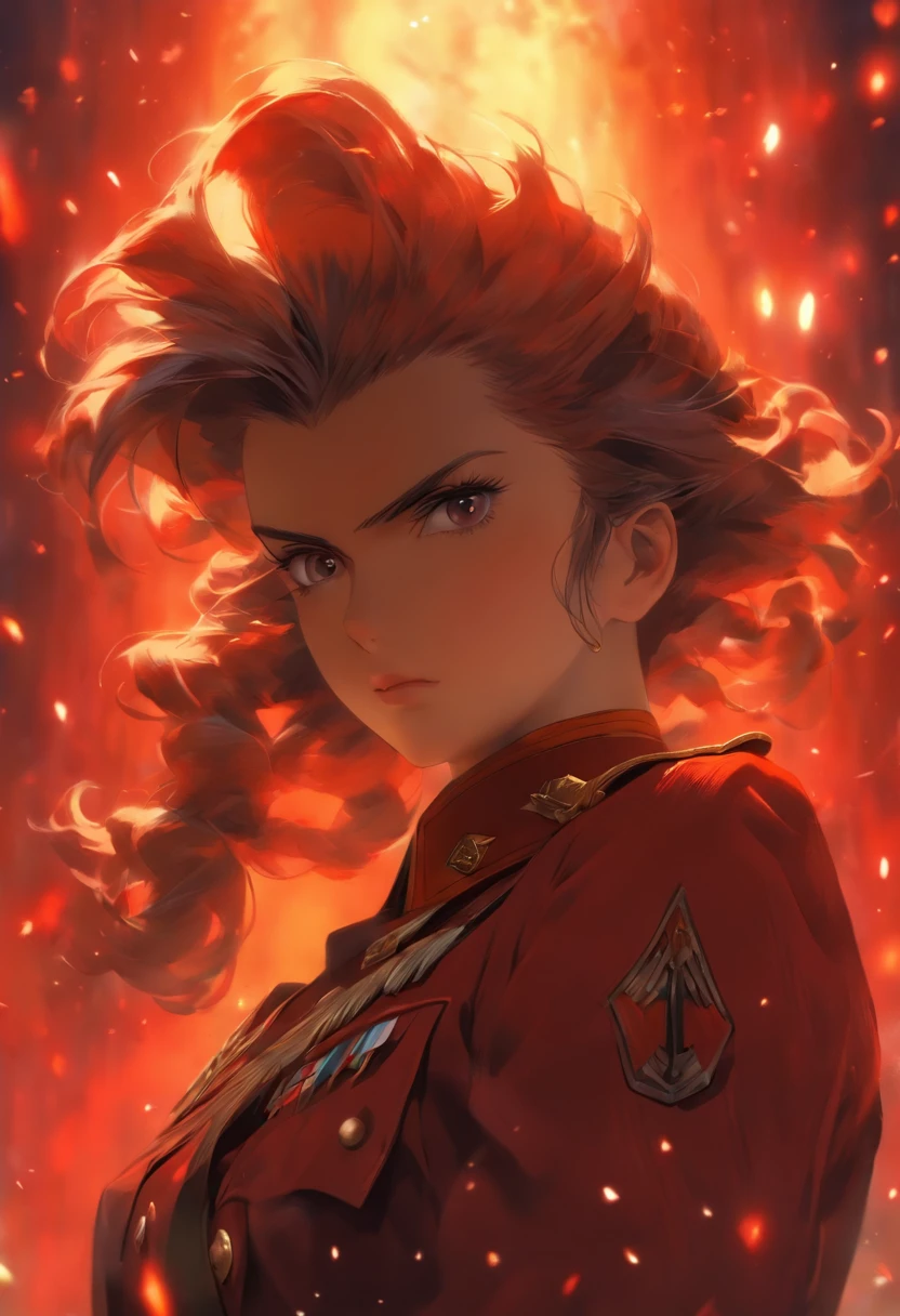 (Masterpiece:1.2, Best Quality), 1lady, yoru, Solo, Photorealistic, Sci-Fi Movies, Science-Fiction, Science-Fiction, karo, upper half body, Small breasts, focus on face, realisitic, Pastel painting, powerful, intelligent, sensual, Detailed Eyes (Intimidating look, Brown eyes) well detailed, Long black hair, Best CG, (German Red World War II General Uniform Wearing), Military, Area Force, Military Greatness,