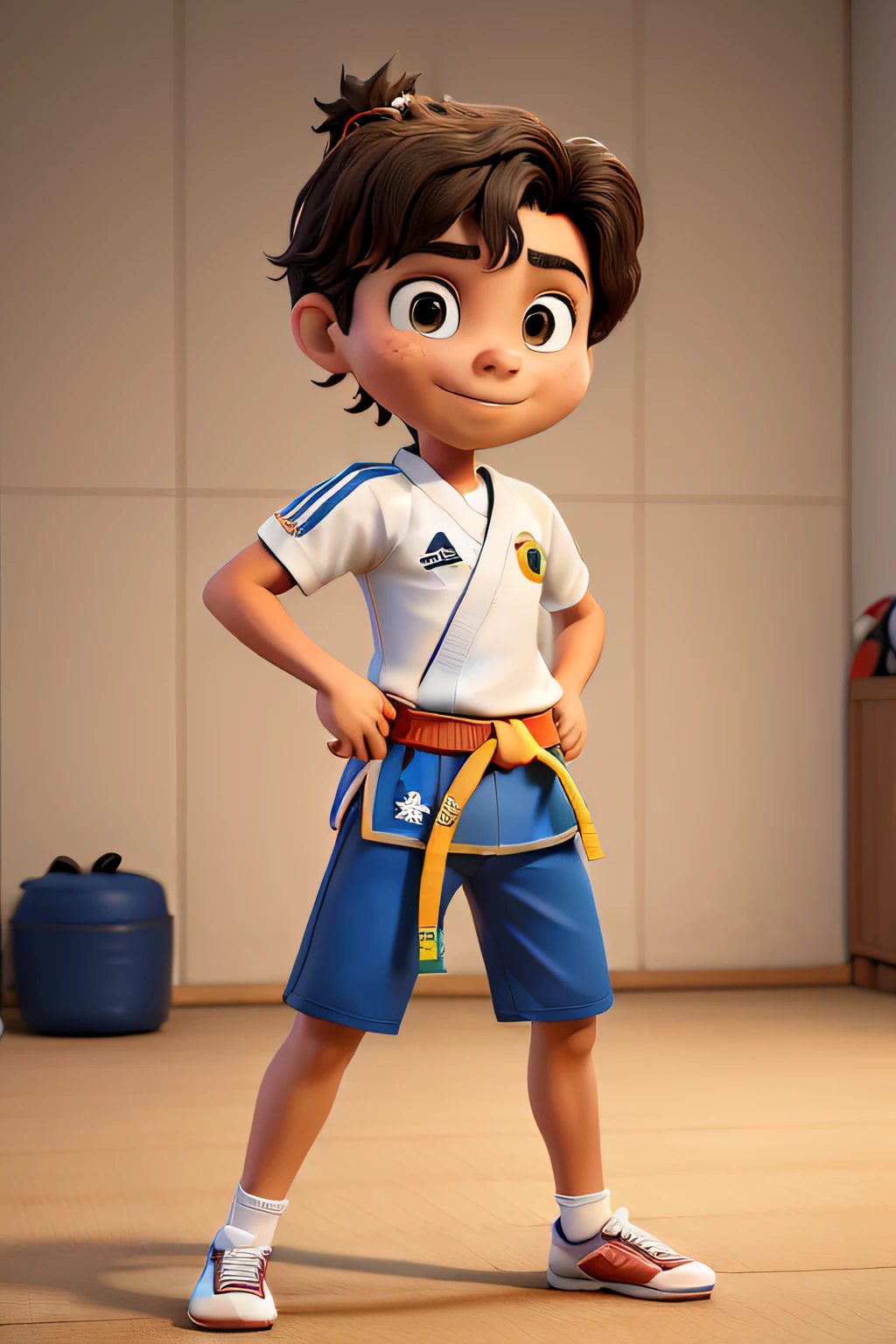 Obra-prima, de melhor qualidade, um atleta jovem de taekwondo, entre 12 e 15 anos, with Brazilian features preparing for a taekwondo school circuit