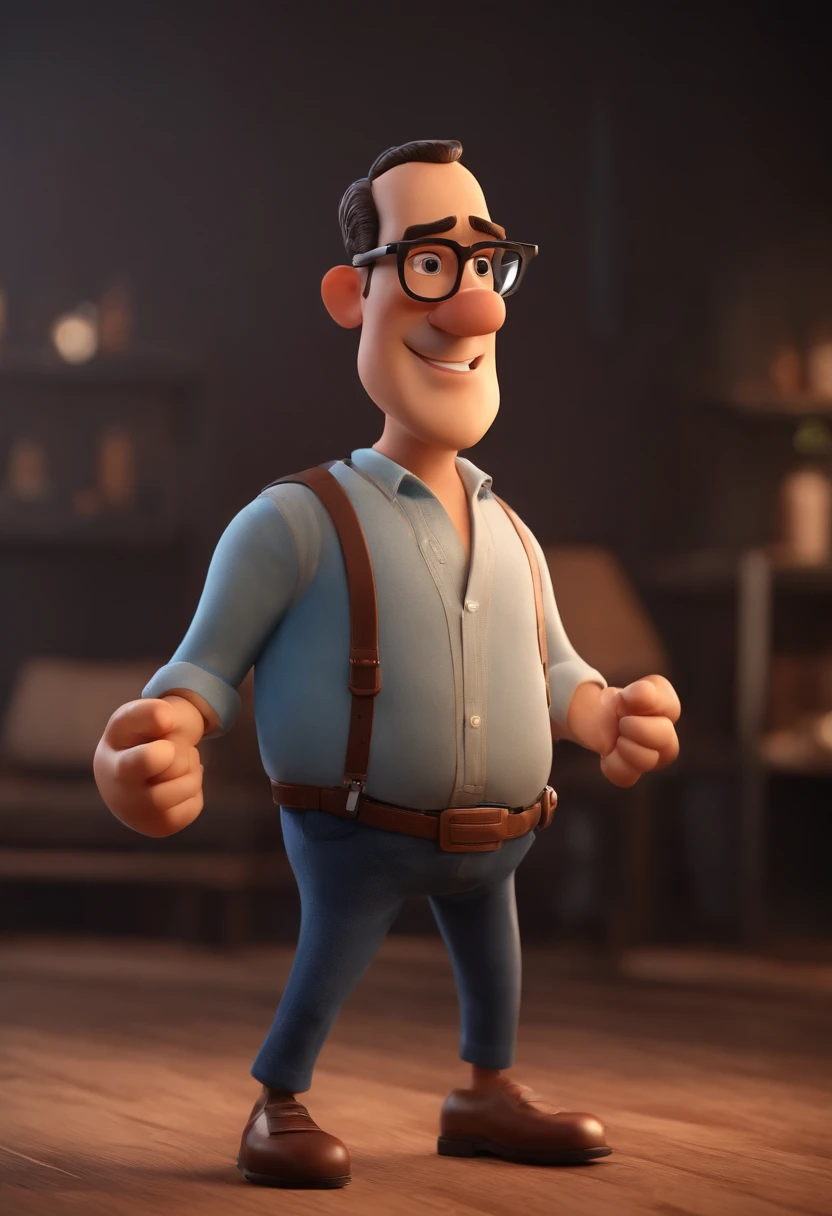 Cartoon character of a man wearing black glasses, ligeiramente calvo de aproximadamente 43 anos, com 68kg, com uma camisa azul, um personagem animado, Caractere estilizado, animation style rendering, 3D estilizado, Arnold Maya render, 3 d render stylized, toon render keyshot, Personagem 3D, Personagem 3D, 3d rendering stylized, 3 d character render, personagem de desenho animado, Personagem de close up, Pose de personagem, (Estilo Pixar) (master part:1.2) (Bokeh) (best quality) (pele detalhada) (textura detalhada) (8k) (argila) (Cinematic lighting) (foco nítido,Senta e vaza a parte superior do corpo