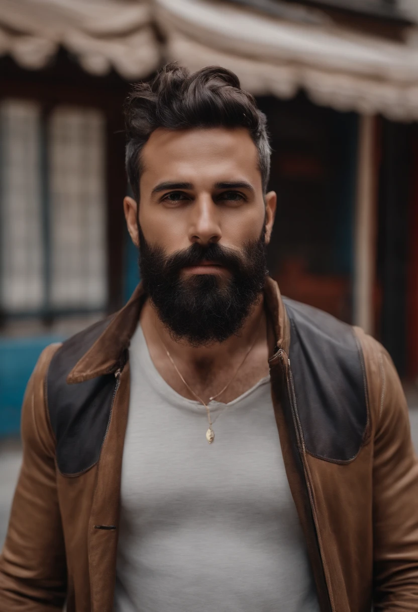 Homem 34 anos, cabelos castanhos barba por fazer olhos castanhos cabelos curto degrade, corpo atletico, roupa escura, rua deserta, with buildings, and washers on the sidewalk