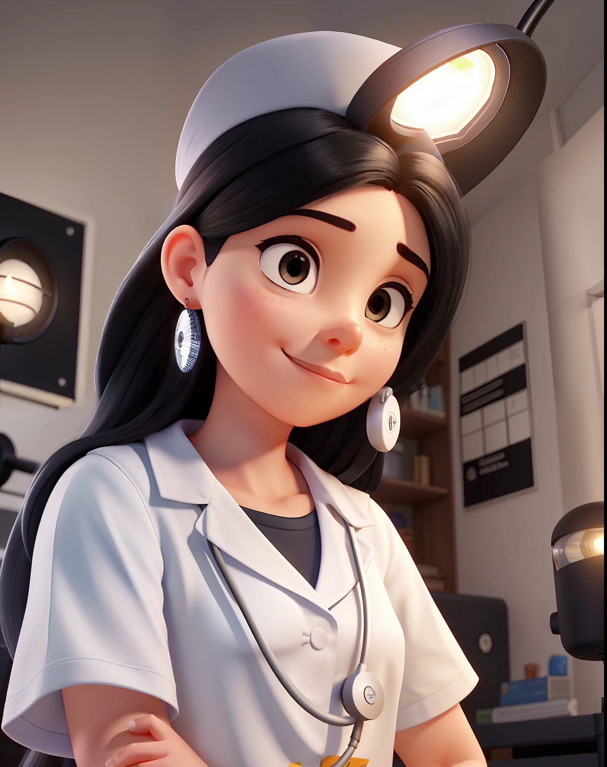 Pixar drawing A wise young white woman with long black hair ,  olhos castanhos escuros jaleco branco, Nurse standing in front, illuminated by the light of a lamp, contra o pano de fundo de um hospital