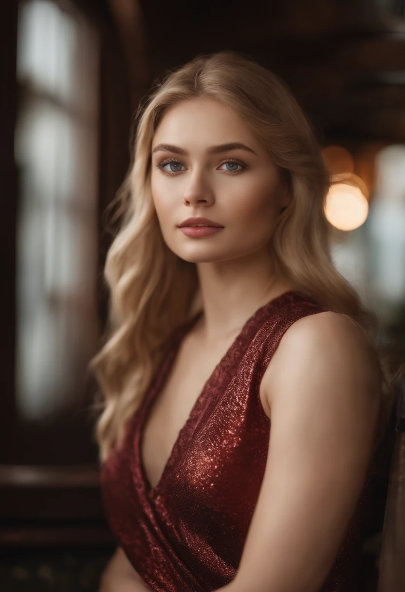 20 year old Eastern European woman,Europe,blonde  hair、dynamicposes，、Serious、(Incredible skin details:1.4)、(Natural skin:1.2)、(pores:0.6)、make - up、(A detailed eye:1.2)、lake、High background image quality、Rim Lights、(bokeh dof:1.2)、a picture、movie、Photorealsitic、A hyper-realistic、Glossy spats、Glossy tank top、