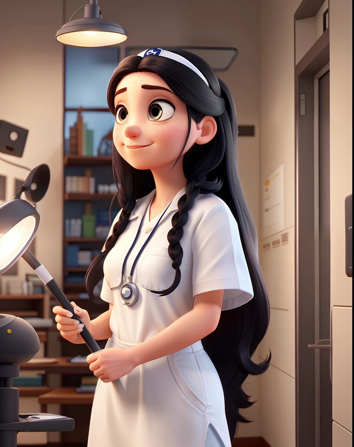 Pixar drawing A wise young white woman with long black hair , olhos castanhos escuros jaleco branco, Nurse standing in front, illuminated by the light of a lamp, contra o pano de fundo de um hospital