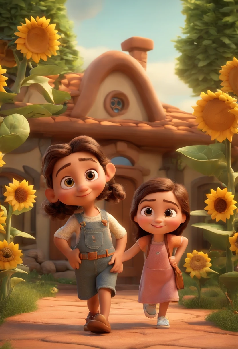 Create a Disney PIXAR-style 3D poster. ((centro da imagem, Triplets)), ((3 children)) ((1 menino no meio e 2 meninas ao lado, They're hugging each other, O menino tem pele castanha e cabelos castanhos escuros e olhos castanhos escuros, 1 menina tem pele clara, olhos e cabelos escuros e cacheados, e a outra menina tem pele morena, olhos escuros e cabelos escuros e lisos)) ((tudo isso no estilo Disney PIXAR 3D, In the background, A house of sunflowers, Gloria Studio, The garden is full of nature 3D render RTX clay material, estilo de design cartunesco, POP Mart, soft lighting, linhas suaves, Spring tilt, Detailed illustrations of PIXAR 3D, Detalhes hiper-realistas, cor quente no estilo Disney PIXAR 3D))