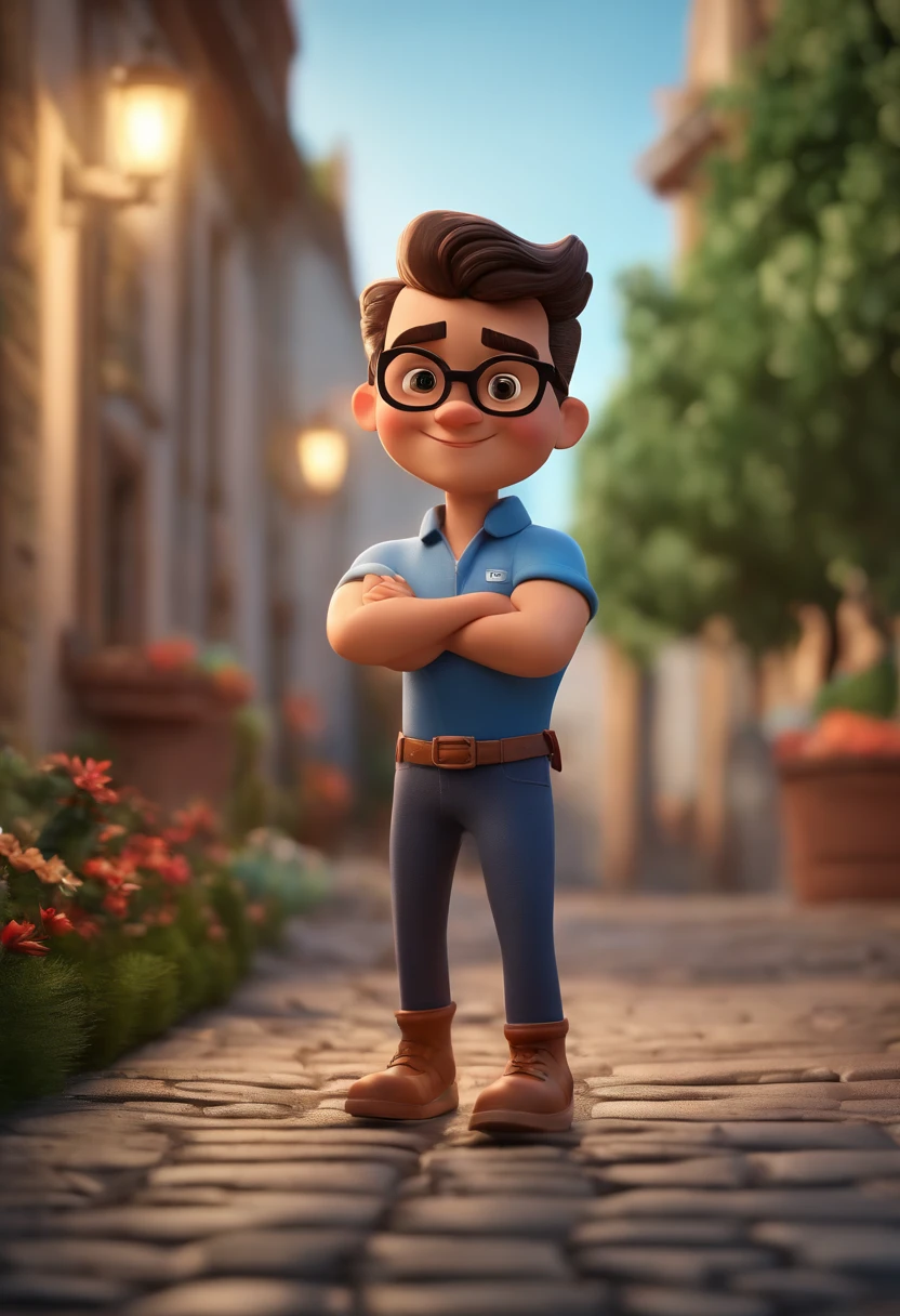 Cartoon character of a man wearing black glasses and a blue shirt, um personagem animado, Caractere estilizado, animation style rendering, 3D estilizado, Arnold Maya render, 3 d render stylized, toon render keyshot, Personagem 3D, Personagem 3D, 3d rendering stylized, 3 d character render, personagem de desenho animado, Personagem de close up, Pose de personagem, (Estilo Pixar) (master part:1.2) (Bokeh) (best quality) (pele detalhada) (textura detalhada) (8k) (argila) (Cinematic lighting) (foco nítido,Senta e vaza a parte superior do corpo