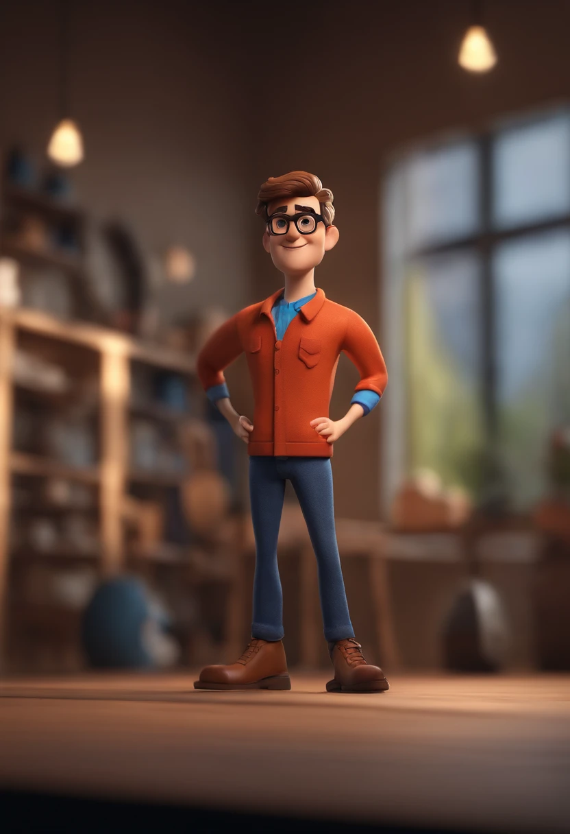 Cartoon character of a man wearing black glasses and a blue shirt, um personagem animado, Caractere estilizado, animation style rendering, 3D estilizado, Arnold Maya render, 3 d render stylized, toon render keyshot, Personagem 3D, Personagem 3D, 3d rendering stylized, 3 d character render, personagem de desenho animado, Personagem de close up, Pose de personagem, (Estilo Pixar) (master part:1.2) (Bokeh) (best quality) (pele detalhada) (textura detalhada) (8k) (argila) (Cinematic lighting) (foco nítido,Senta e vaza a parte superior do corpo