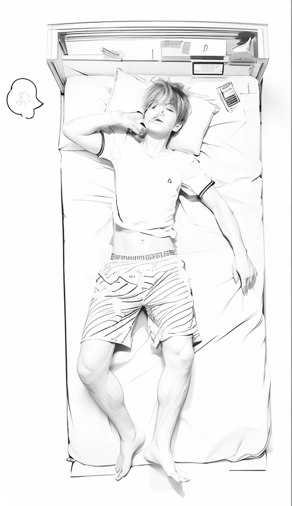 Tom Holland look alike in a paint studio, painting with black ink, covered in black ink, with open shirt and covered trunks, yellow socks, ink on buttocks, detailed background, natural daylight, top view, sfw, no explicit content,