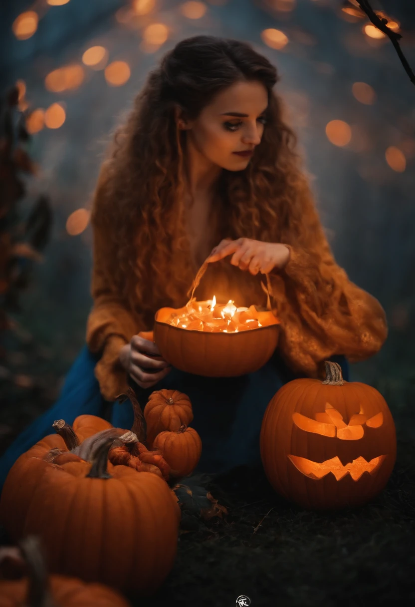 abobora de halloween, iluminada, com muita pipoca dentro, em um cinema