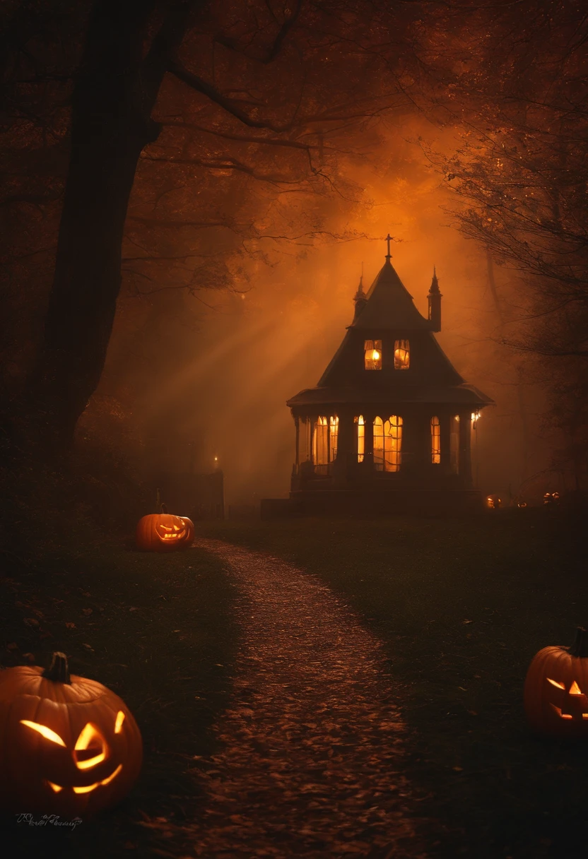 abobora de halloween, iluminada, com muita pipoca dentro, em um cinema