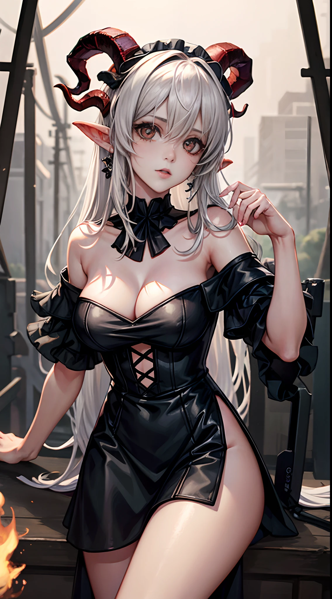 wearing halloween dress, halloween on street, female devil with the horns, fire as background, White color hair, Off-the-shoulder attire, sexy maid dress, masterpiece, (high detail:1.1), Rough face, seductive, sexy pose, fashion model posing, Large breasts, Natural skin, high quality, NSFW, beautiful eyes, (Detailed face and eyes), (the face: 1 2), noises, Extra, real photograph, PSD, Lamp film photography, sharp focus, contrasty lighting, Delicate skin, High resolution 8K, insanely details, realistic-lying, professional photo shooting, 8K UHD, SLR camera, soft lighting, high high quality, film-grain, Fuji film XT3