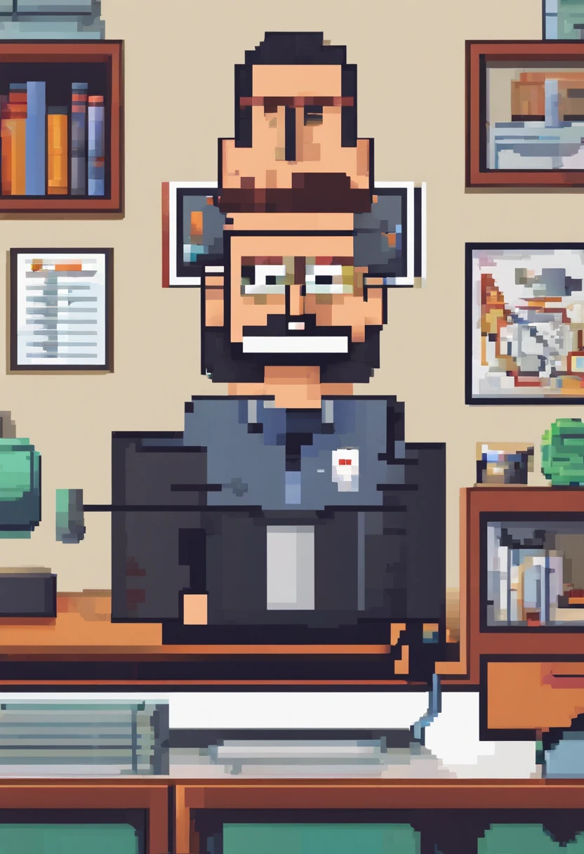Poster estilo pixar com Homem dentista, 35 anos, cabelo preto cacheado curto , barba preta , lindo sorriso, with background in his work office and sign on the wall with title "odontox"