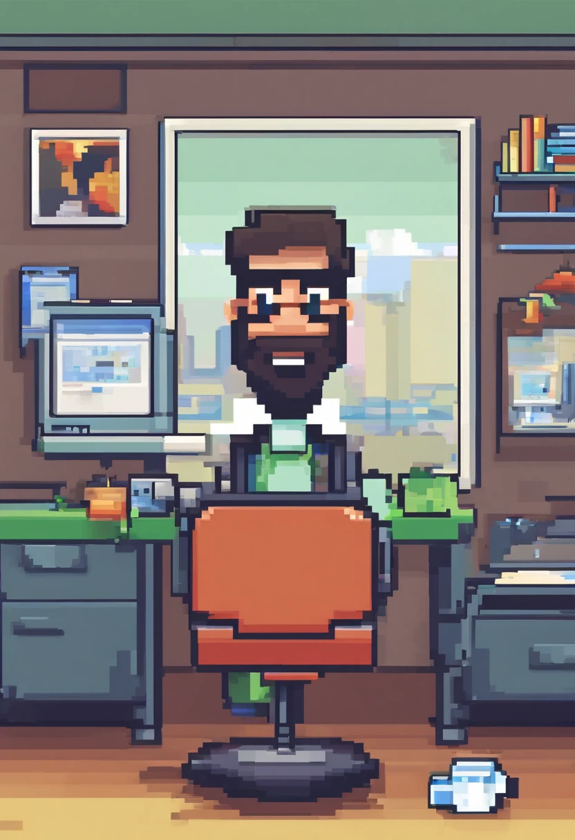 Poster estilo pixar com Homem dentista, 35 anos, cabelo preto cacheado curto , barba preta , lindo sorriso, with background in his work office and sign on the wall with title "odontox"