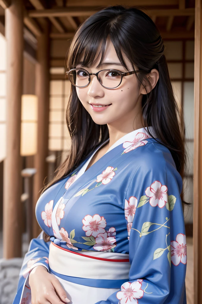 ((japanaese girl)), 8K, Raw photo, Best Quality, ultra-detailliert, Ultra High Resolution, Realistic, photographrealistic, high-definition RAW color photography, professional photograpy, Extremely detailed, 8K Wallpaper, amazing, finely detail, Huge file size, extra detailed face, extremely detailed eye, highlydetailed skin, extremely detailed fingers, highly detailed nose, highly detail mouth, Perfect Anatomy, Highly detailed background, Realistic body, Good figure, Cute face, Photography, (Happy smile), Perfect Skin, (Perfect Anatomy), cleavage, (Glasses), (yukata), swept bangs, ((japanese temple festival)), summer night,