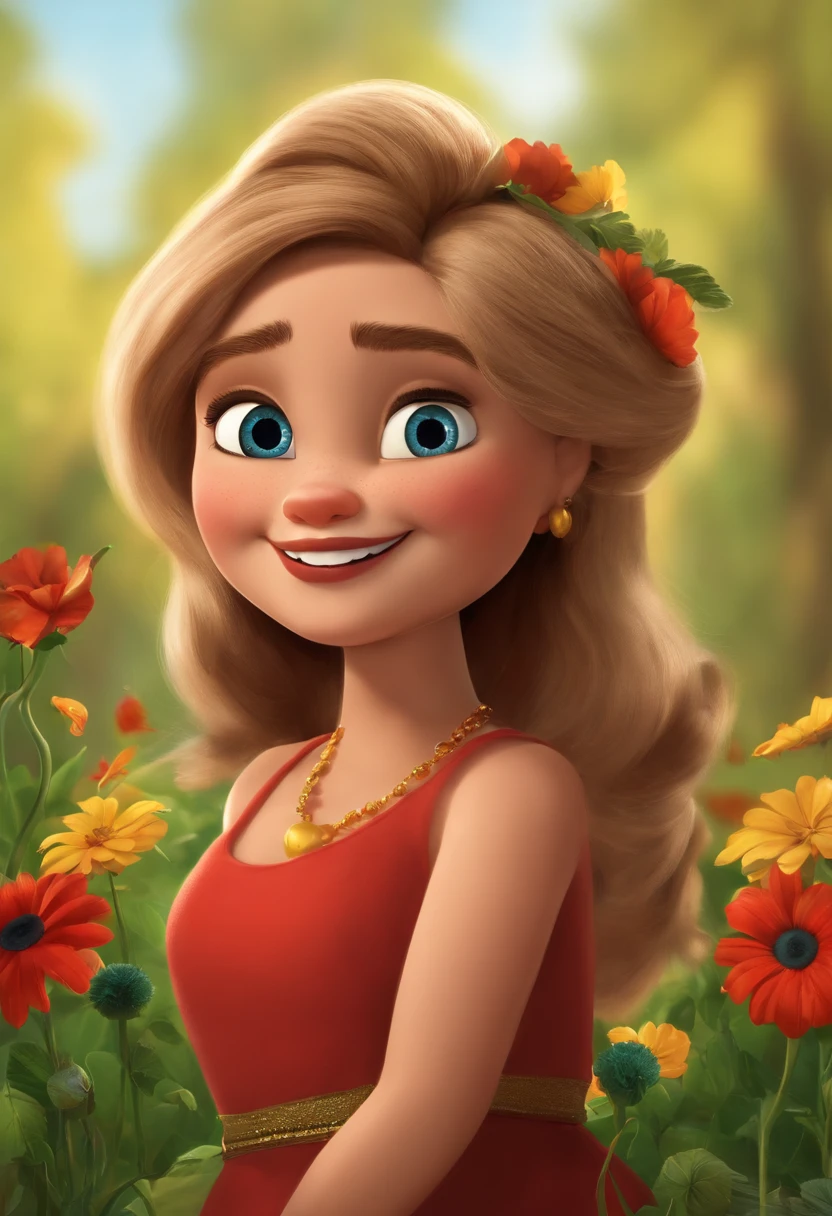 Create a poster inspired by Disney Pixar movies, apresentando uma mulher cabelos castanhos escuros, Full lips and dark eyes and silly face. Junto com a mulher uma gatinha preta de pele bem cuidada com dentes afiados e pontiagudos e olhos verdes A arte digital deve ser no estilo da Pixar, reminiscent of an animated feature.