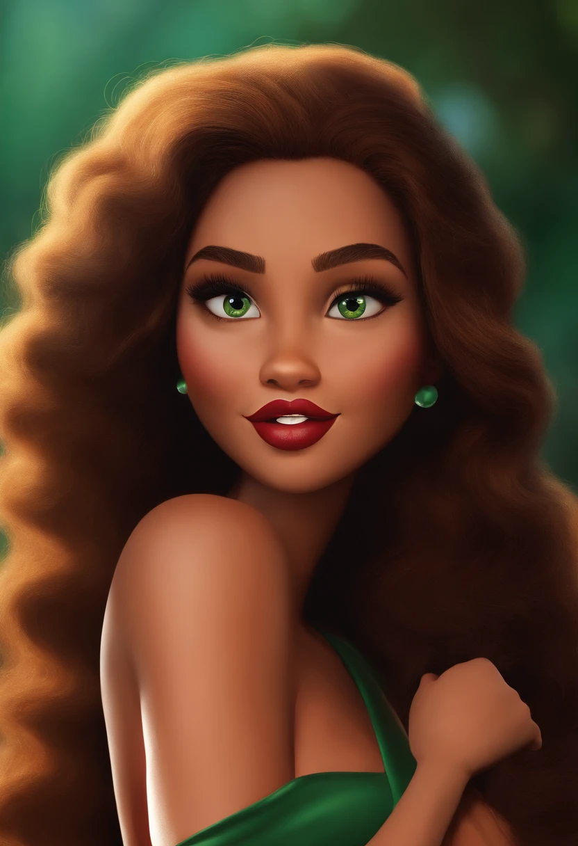 Create a poster inspired by Disney Pixar movies, apresentando uma mulher cabelos castanhos escuros, Full lips and dark eyes and silly face. Junto com a mulher uma gatinha preta de pele bem cuidada com dentes afiados e pontiagudos e olhos verdes  A arte digital deve ser no estilo da Pixar, reminiscent of an animated feature.
