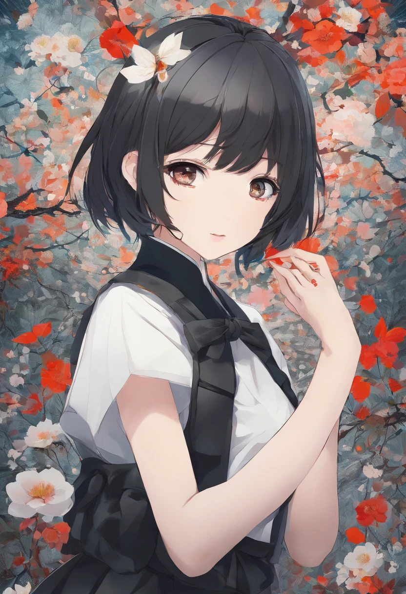{Masterpiece},{Best Quality},{1Girl}, Cute, amazing, Beautiful detailed eyes, Black eyes, Short hair, Black hair,delicate detail,Depth of field,super detailed CG,Original, very detailed wallpaper,upper half body, looking up at viewer