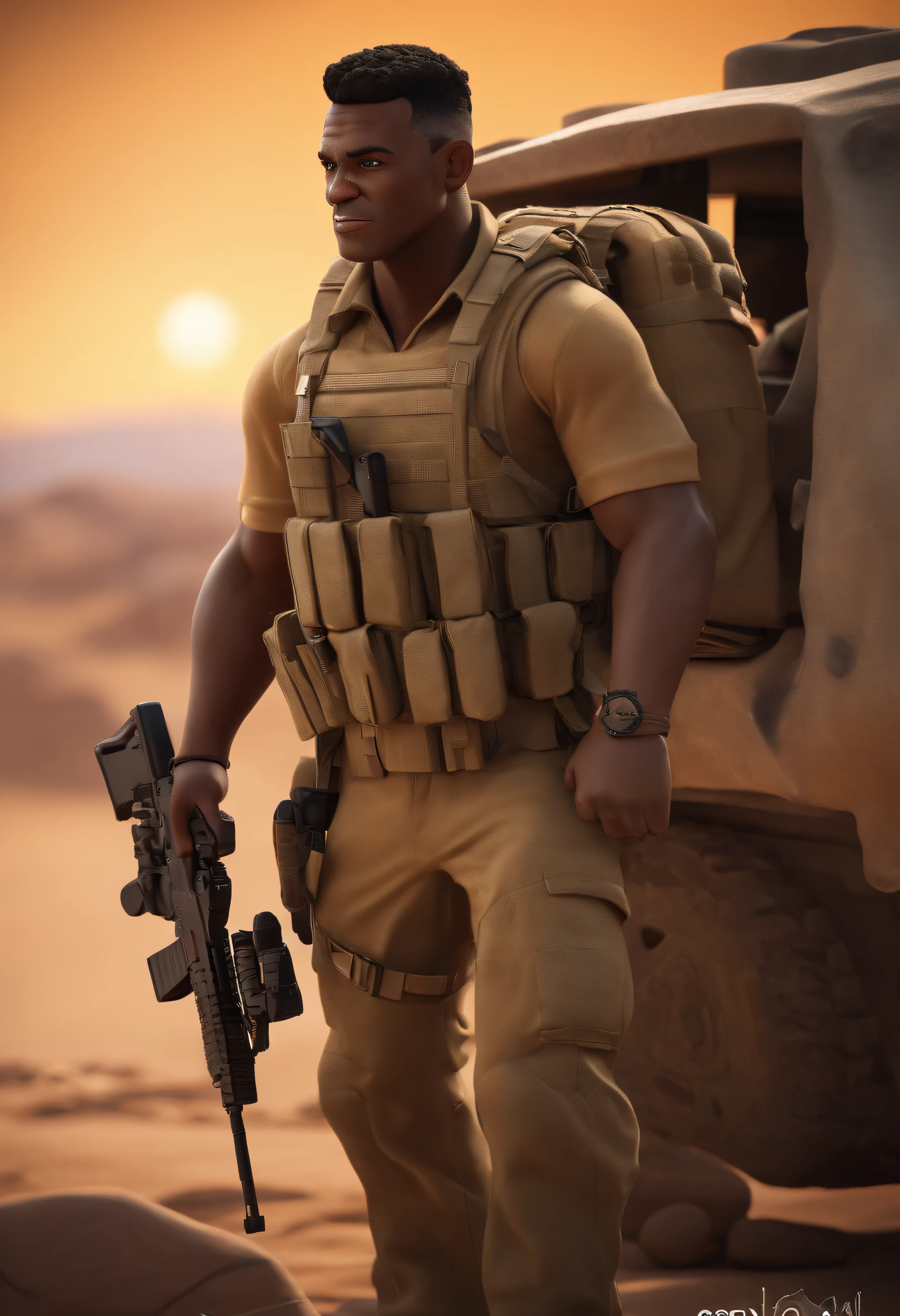 personagem dos desenhos animados de um homem magro de pele negra, com cabelos grisalhos curto, com cavanhaque e bigode grisalhos, com uniforme camuflado, Holding an airsoft in hand with tactical gear, with the desert of Jordan in the background animation character, Caractere estilizado, animation style rendering, 3D estilizado, Arnold Maya render, 3 d render stylized, toon render keyshot, Personagem 3D, Personagem 3D, 3d rendering stylized, 3 d character render, personagem de desenho animado, Personagem de close up, Pose de personagem, (Estilo Pixar) (master part:1.2) (Bokeh) (melhor qualidade) (pele detalhada) (textura detalhada) (8k) (argila) (Cinematic lighting) (foco nítido)