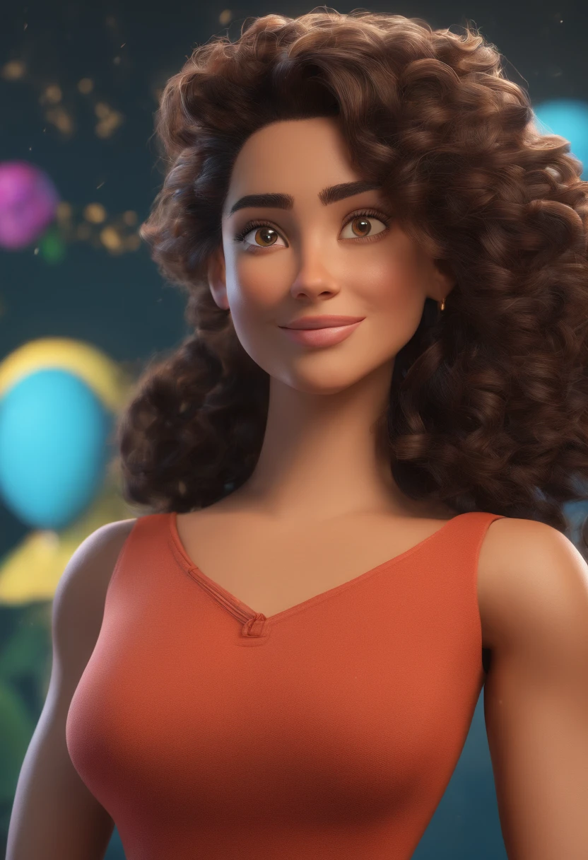 An illustration of an adorable woman, destacando uma mulher bonita pele oscura, Expressive eyes – the woman's skin is black and the woman's hair is large and curly. Desenvolva esta arte em Full HD, Focus on your cinematic touch, Estilo Disney Pixar Animations
