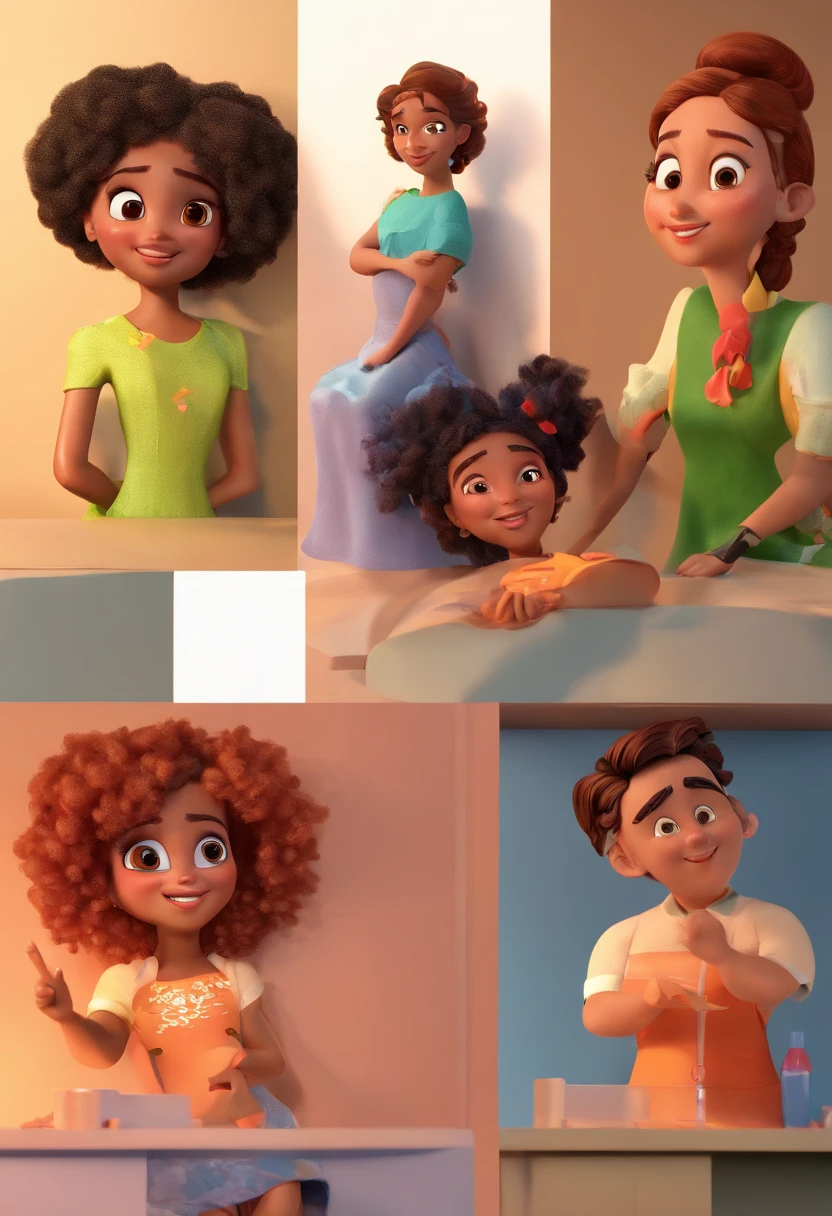 An illustration of an adorable woman, destacando uma mulher bonita pele oscura, Expressive eyes – the woman's skin is black and the woman's hair is large and curly. Desenvolva esta arte em Full HD, Focus on your cinematic touch, Estilo Disney Pixar Animations