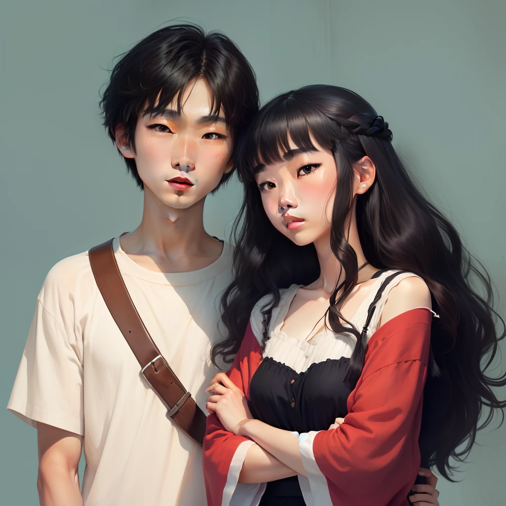 ghibli studio style with ghibli background of a pale asian guy with a long chin, very far apart eyes, black short wavy bowl haircut dating a pale pretty korean girl with bangs and medium long hair and big juicy lips