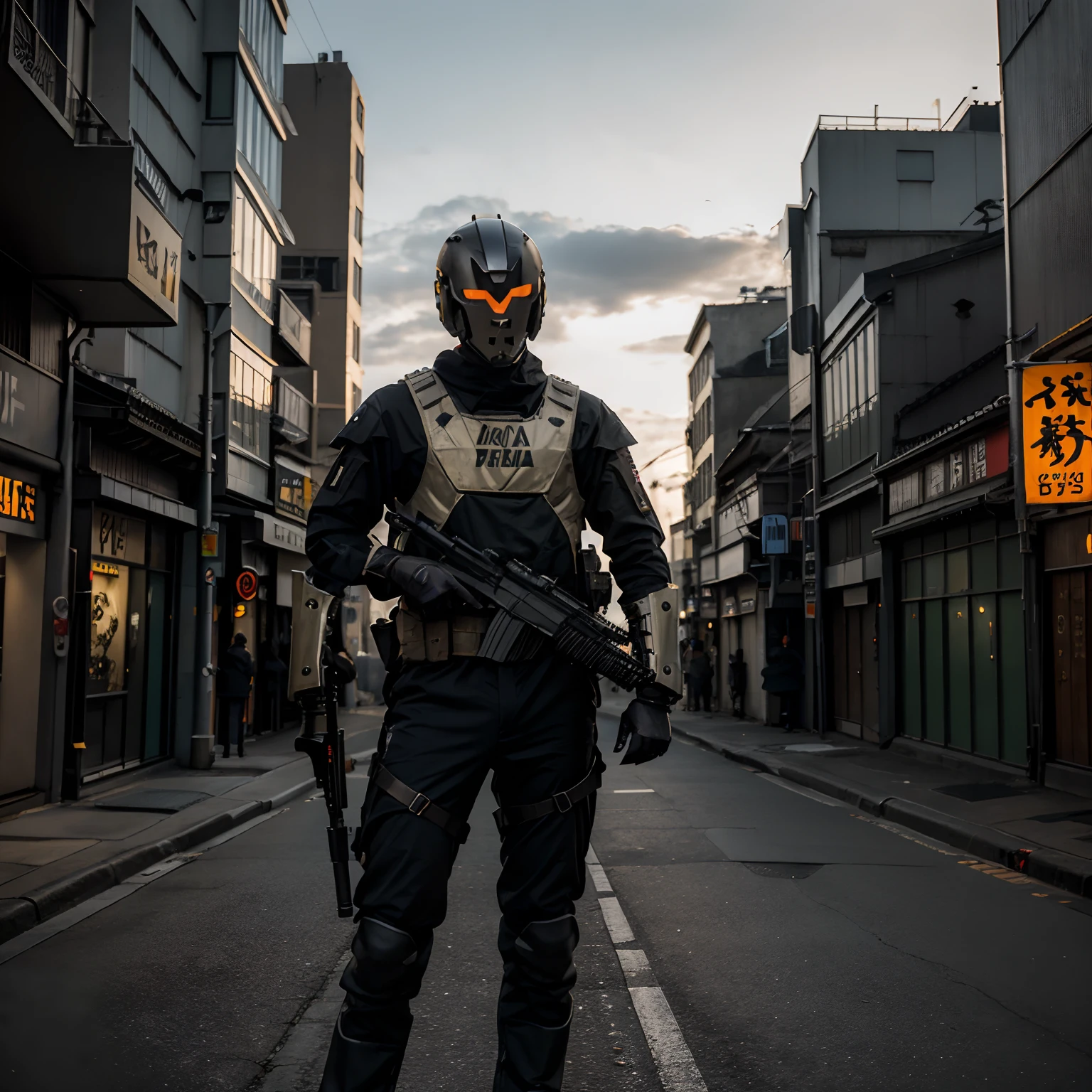 8k, Best quality, Masterpiece, hallowen soldat, arme , fusil FAMAS, Robot Costume, Urban Scenery, japan , japan flag