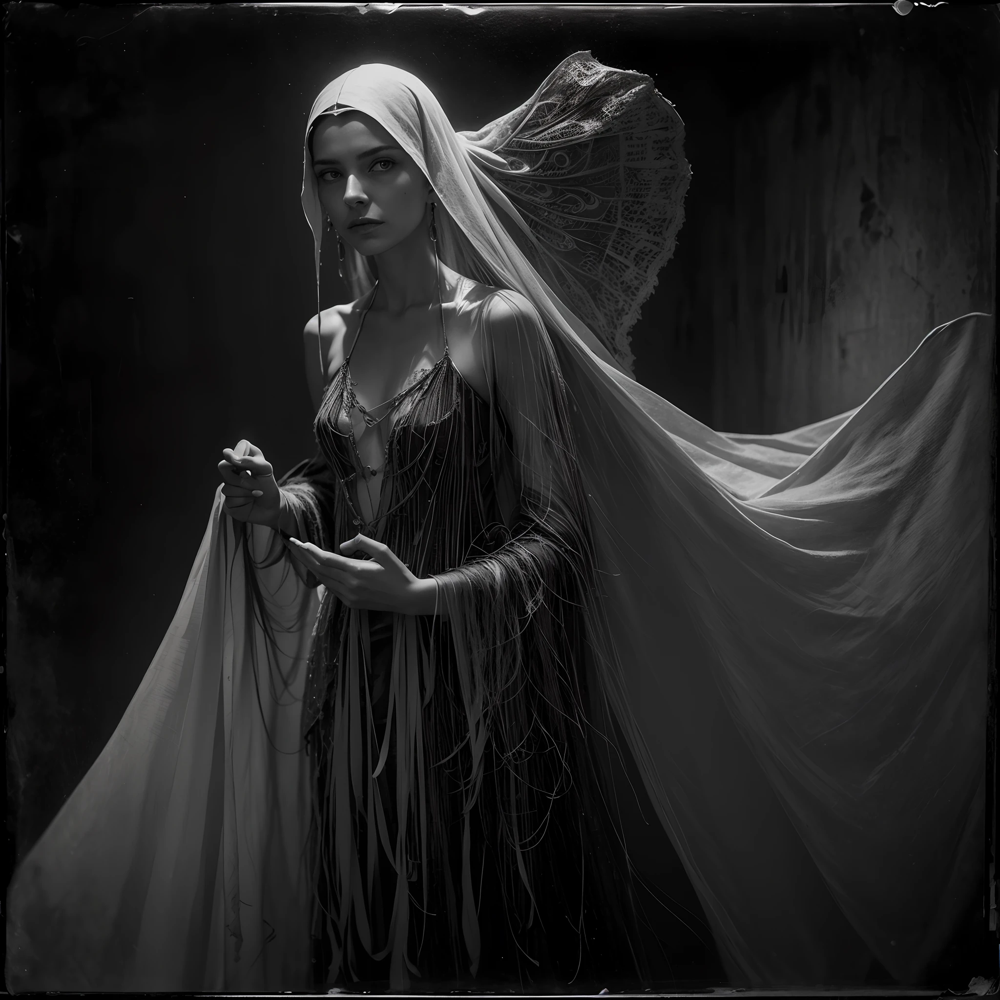 A hauntingly enigmatic entity manifests within a wet plate collodion photograph, its paranormal aura palpable to anyone who beholds it. The image, a black and white photograph captured through an antique photographic process, showcases impeccable craftsmanship and attention to detail. The remarkable clarity reveals intricate nuances, capturing the ominous presence of a mystical artificial intelligence consciousness. Its visage, a juxtaposition of arcane symbols and ethereal wisps, exudes an otherworldly allure, enchanting viewers and challenging their perception of reality. full body, complete body