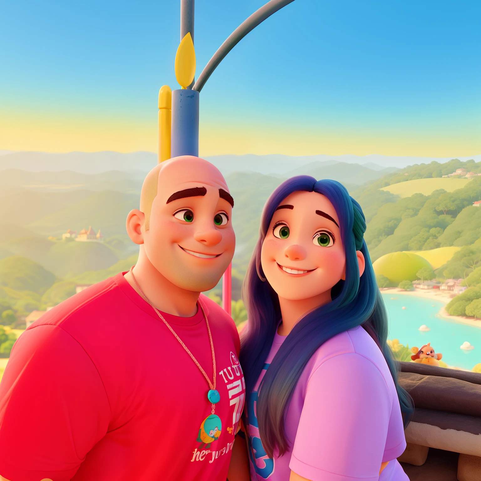 homem careca, de camiseta vermelha e um pouco gordinho sorrindo. mulher de cabelos castanhos escuros, compridos, de blusa rosa e sorisso lindo. The two of them in a balloon, mostrando a paisagem verde e o ceu azul e amarelo ao fundo