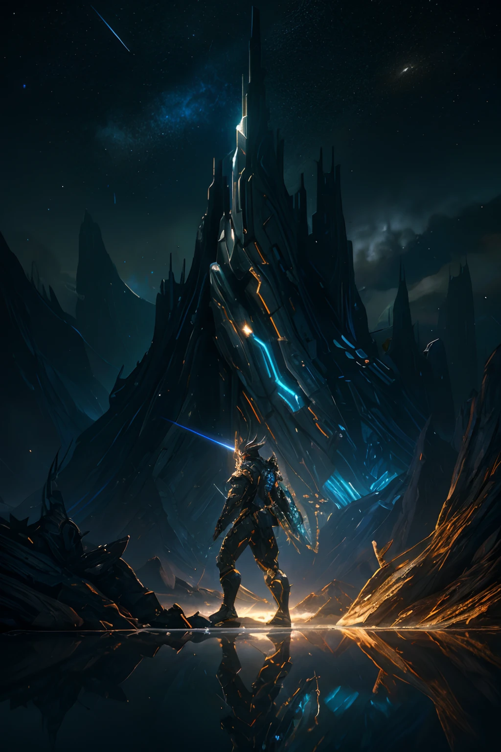 Masterpiece, Best quality, 8K, Beautiful cyborg fantasy painting, warframe style, Black gold, Ultra detailed, Ambient light, voluminetric lighting, (Dark night:1.4) Rock Mountain, reflection of light, reflected lighting, Sharp focus, Fighting posture, Face focus