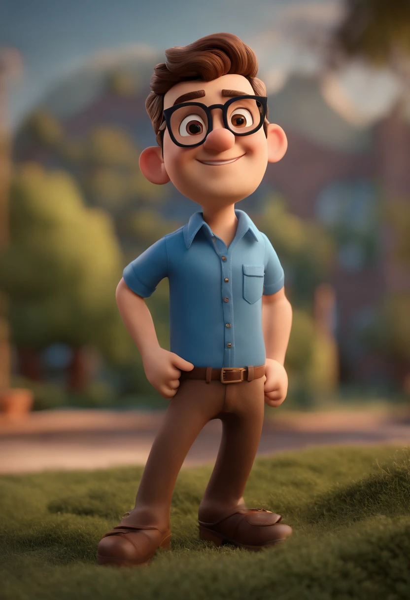Cartoon character of a man wearing black glasses and a blue shirt, animation character, Caractere estilizado, Rendering Animation Styles, 3D estilizado, Arnold Maya render, 3D render estilizado, Toon renderizar keyshot, Personagem 3D, Personagem 3D, 3d rendering stylized, 3 d character render, Personagem de desenho animado, Personagem de close-up, Pose do personagem, (Estilo Pixar) (Obra prima:1.2) (Bokeh) (melhor qualidade) (Pele detalhada) (Textura detalhada) (8k) (argila) (Cinematic lighting) (foco nítido
