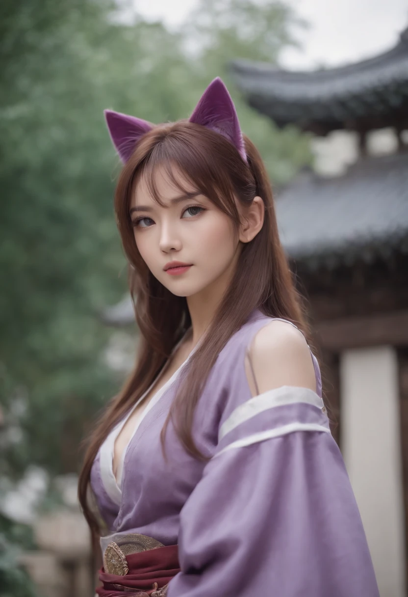 anime girls, Purple cat ears, Long hair, beautiful clothes, Gouvez style, 4K Clarity, CGSTATION POP, Antique architecture, Seductive Girl, Attractive, Kenshin Keru, Anime style, 8K, beautiful anime woman, Girl Front.
